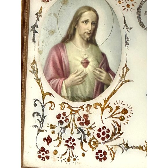 Reverse Foil Art Glass Framed Religious Bless Our House Sacred Heart of Jesus - Picture 4 of 12